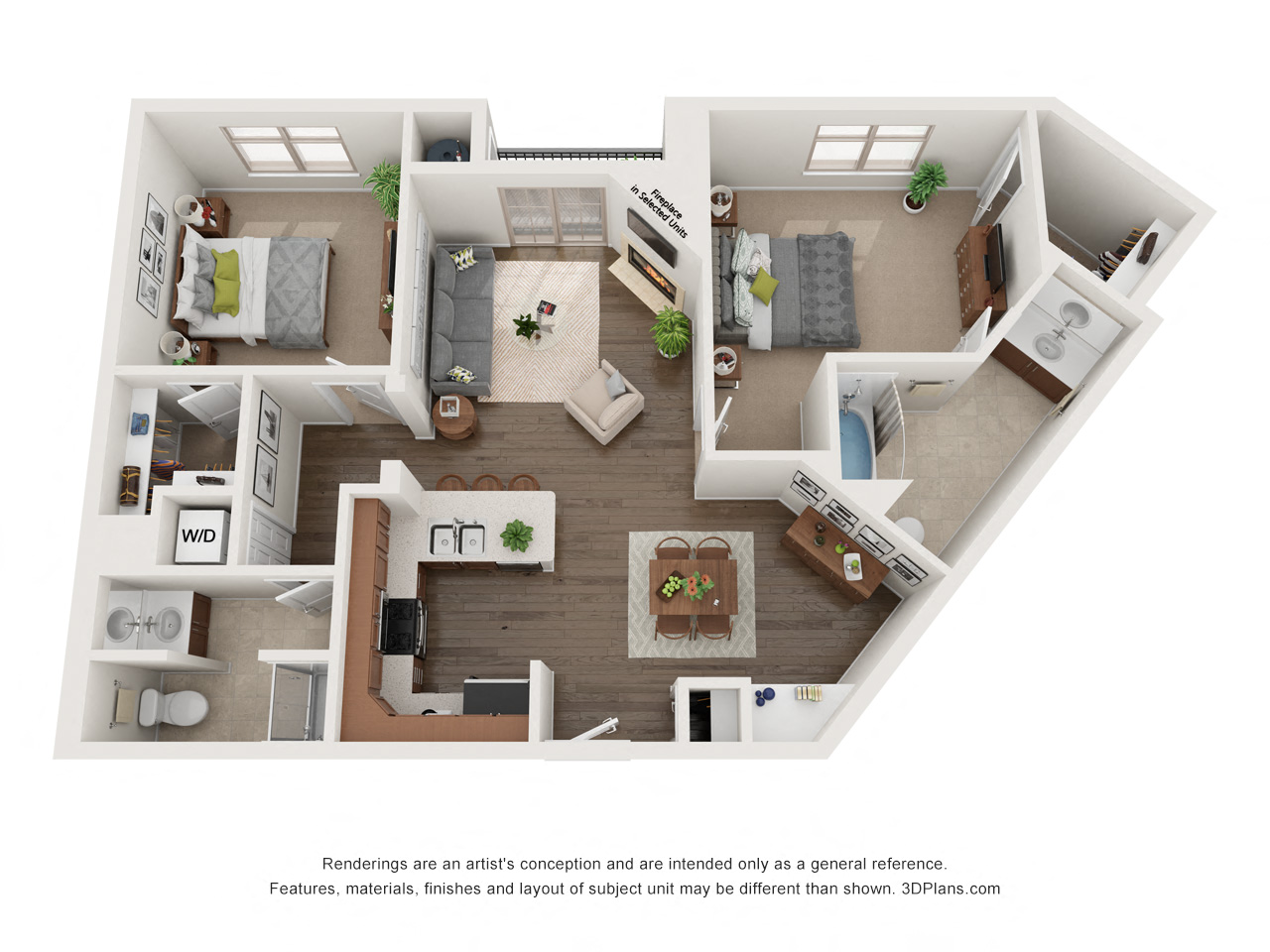 Floor plan for 2 beds, 2 baths, 1056 sqft